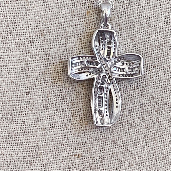 Sterling Silver 925 Simulated Baguette Round Diamond CZ Puffy Cross Necklace - Picture 7 of 11
